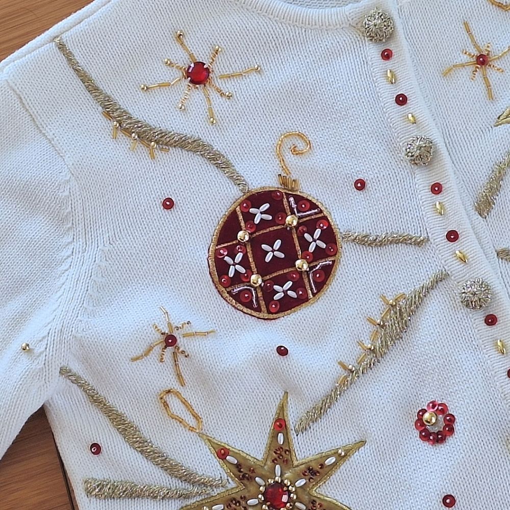 Vintage 90's KIKIT Christmas Sweater Cream Embellished Ornaments Cardigan size S - Picture 15 of 16